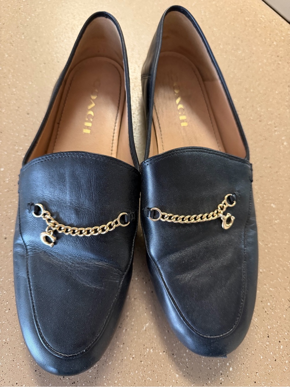 Coach Black Leather Loafers with Gold Chain Accent Size 9